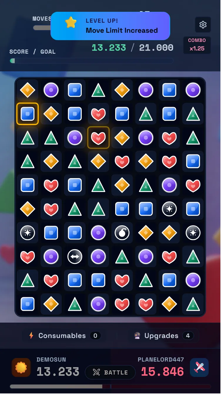 Gameplay board mid-match with chain reaction in progress