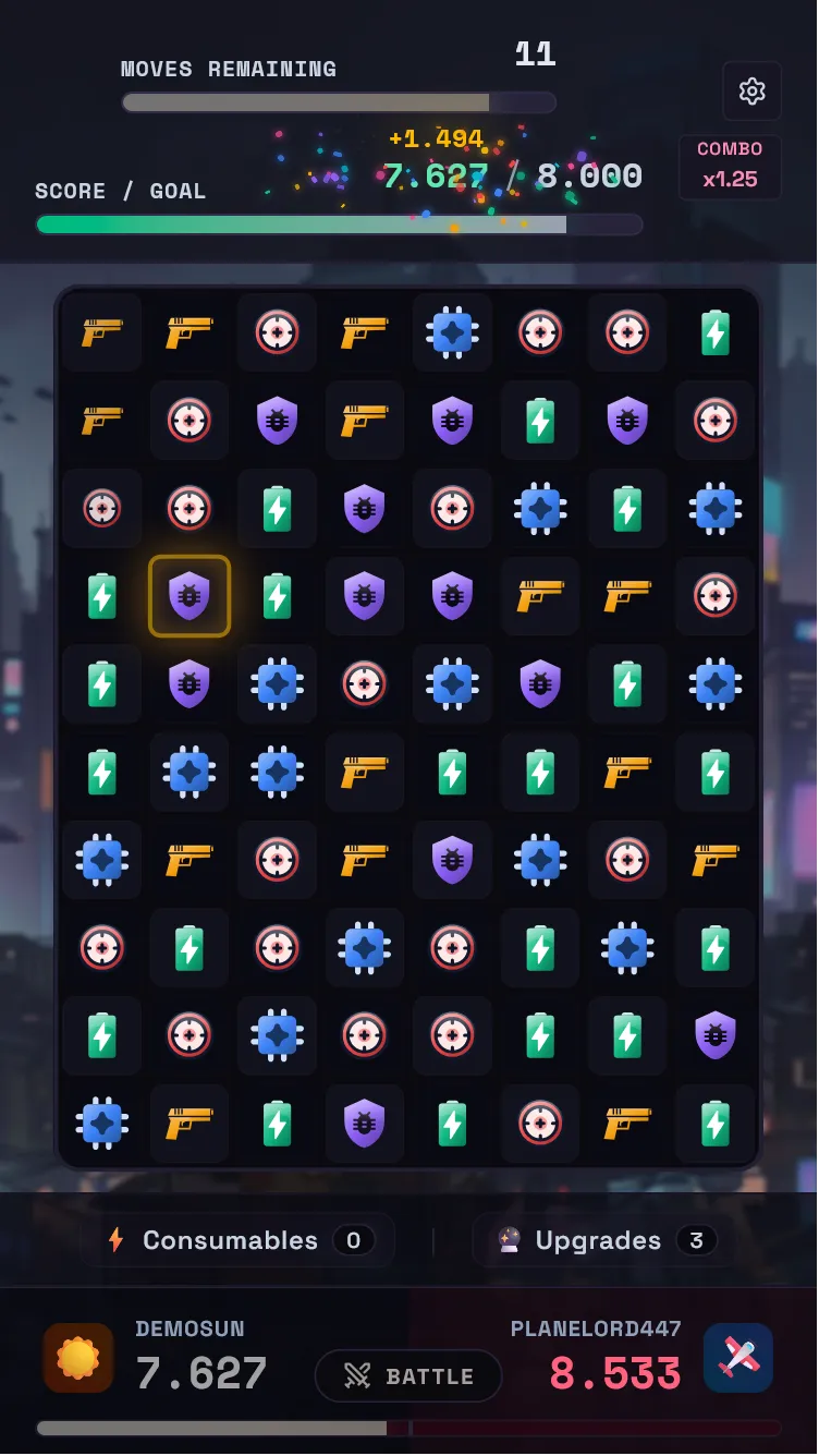 Match 3 Battles gameplay board mid-match with chain reaction in progress