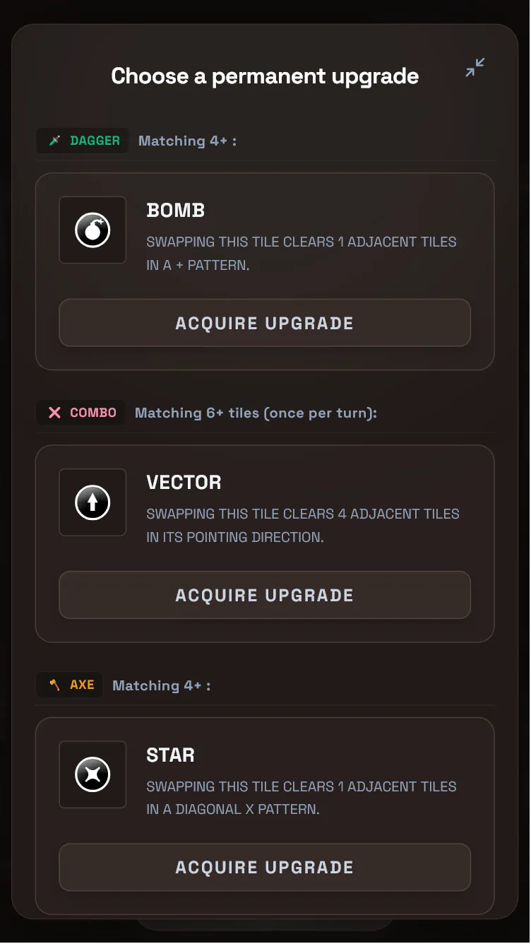 Match 3 Battles upgrade selection screen